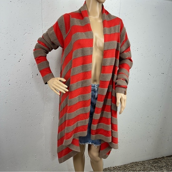 Neve Ski Medium Red/Orange Dark Tan Striped Asymmetrical Open Cardigan Sweater - Picture 1 of 15